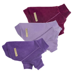 Fitwarm dog sweater set shown in purple, medium purple, and dark red.