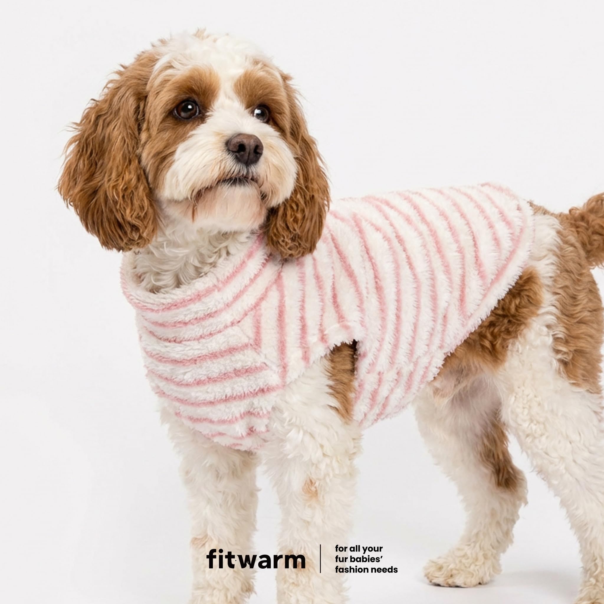 Fitwarm dog sweater with white and pink stripes.