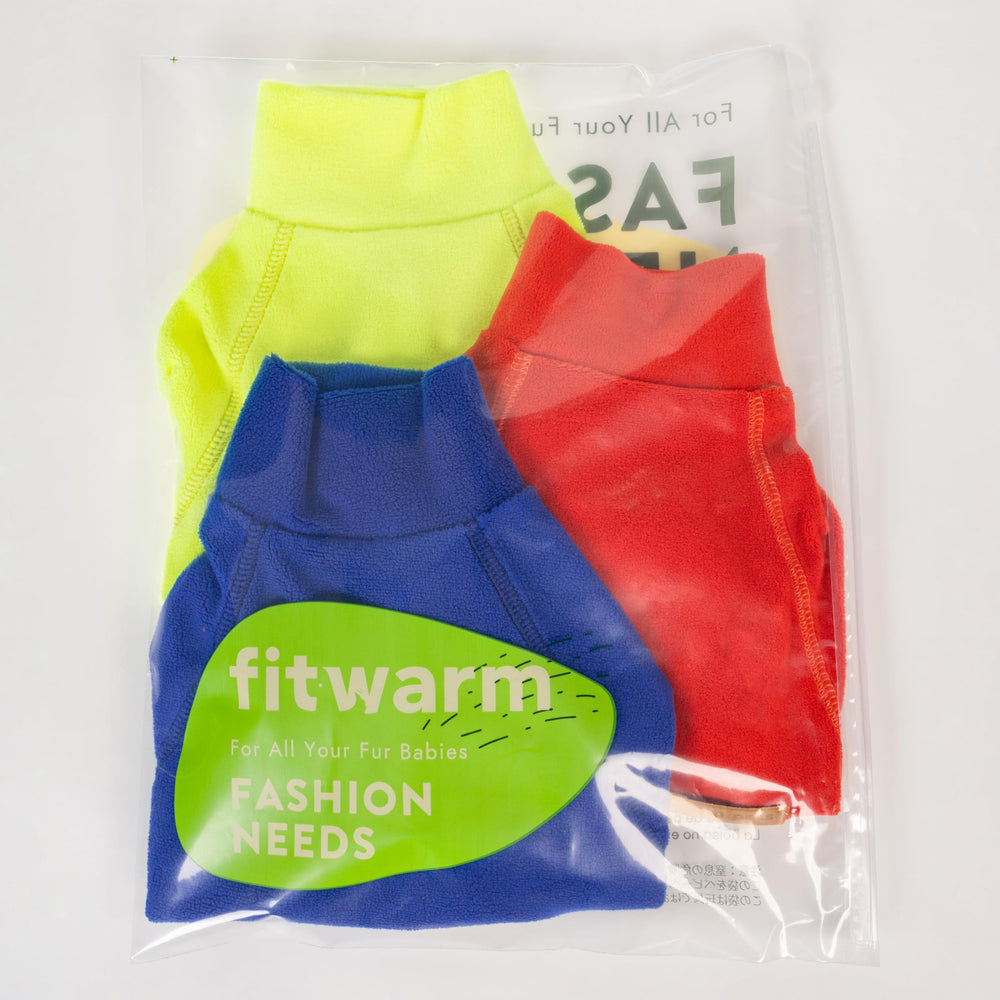 Fitwarm fleece dog sweater set showing its three color options.