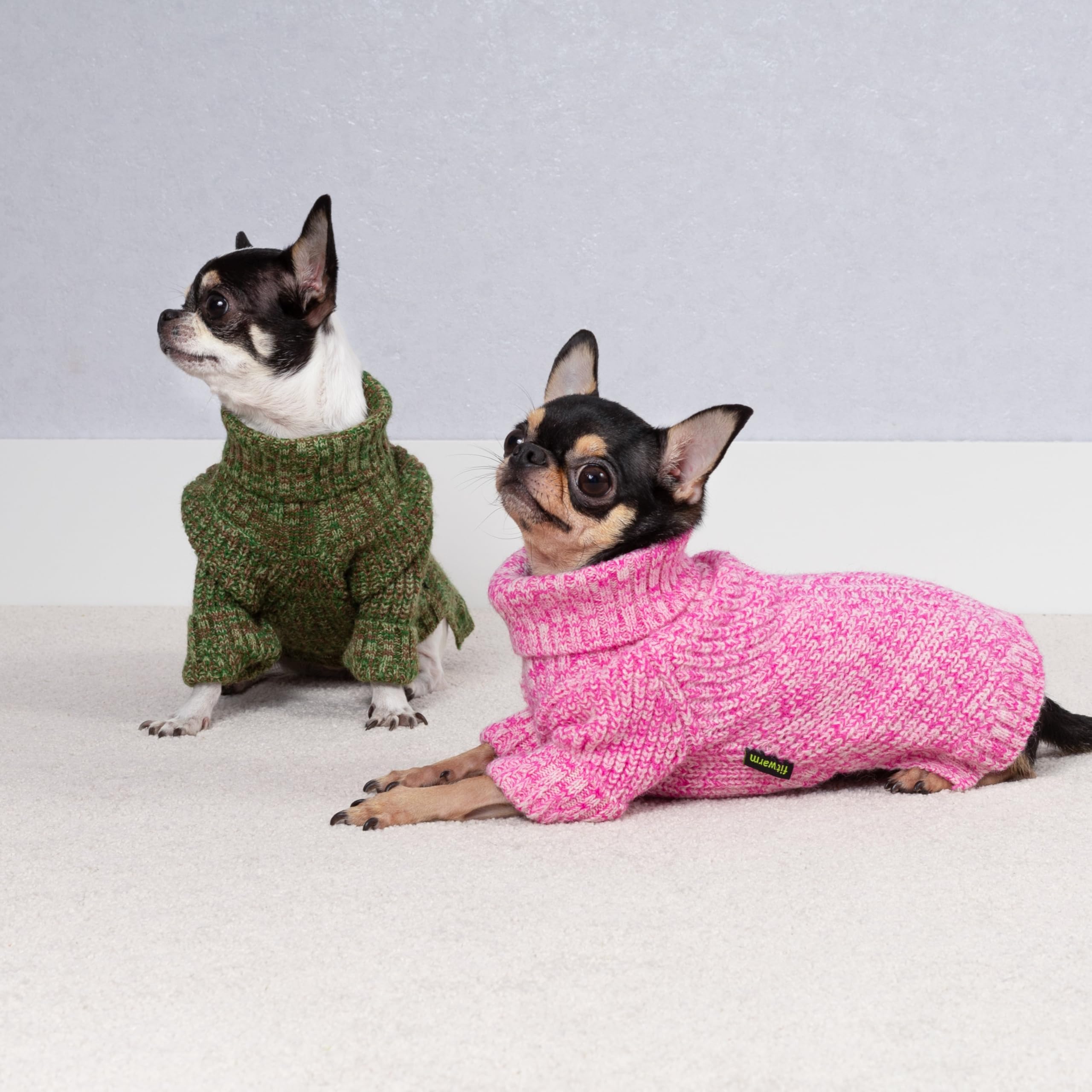 Fitwarm knitted dog sweater shown being worn by a small dog.