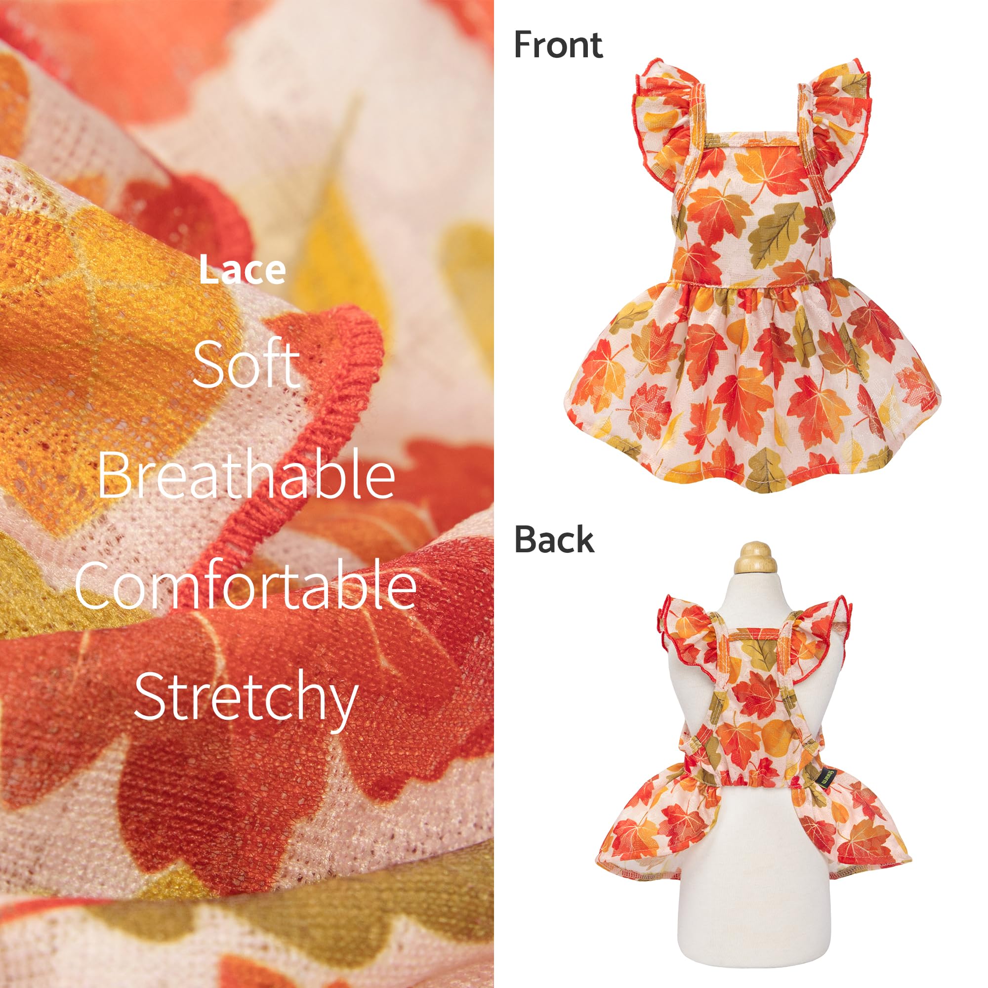 Fitwarm Maple Dog Dress view of the flared skirt and seasonal pattern.