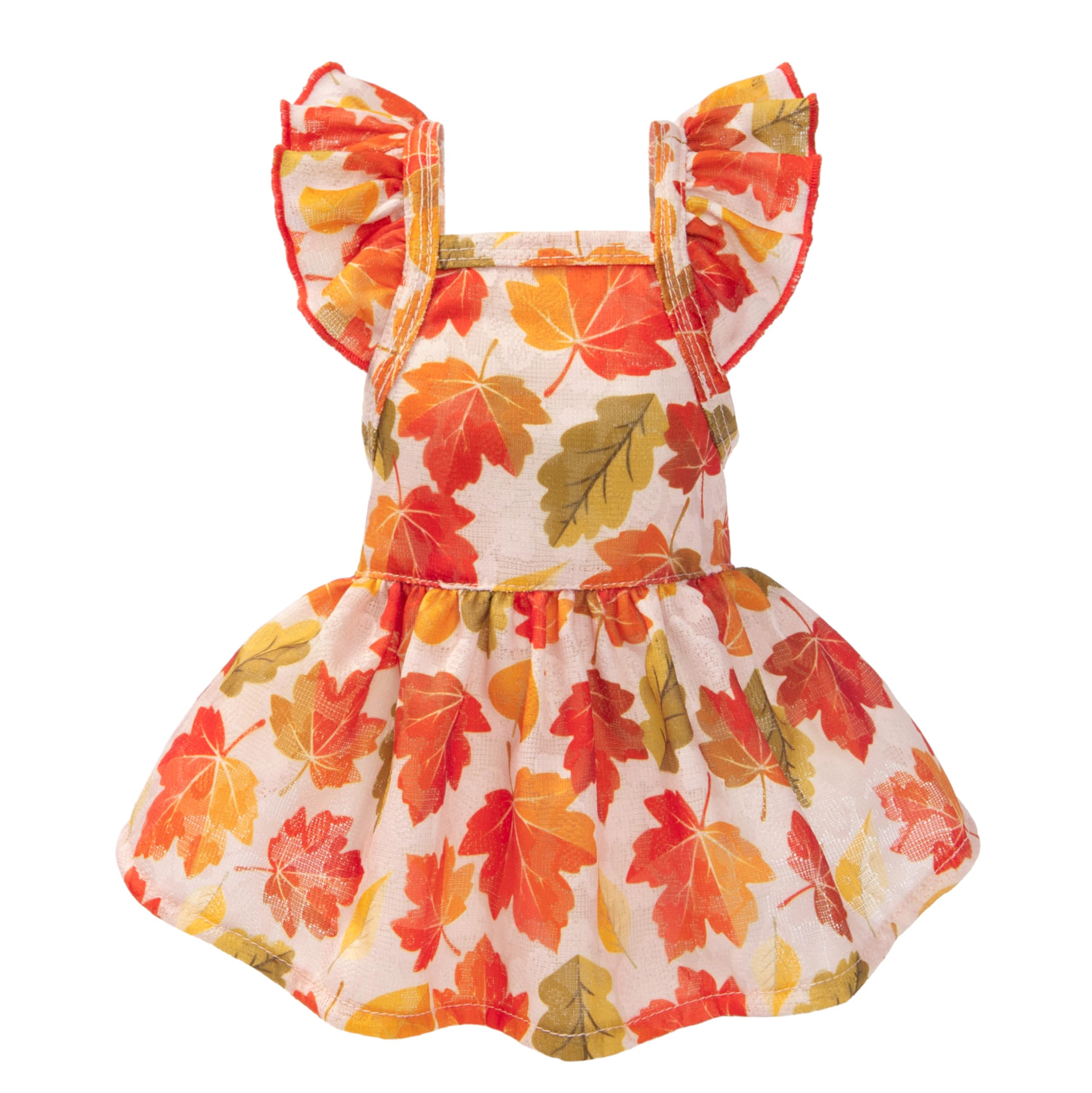 Fitwarm Maple Dog Dress shown from the front with its autumn print and ruffled silhouette.