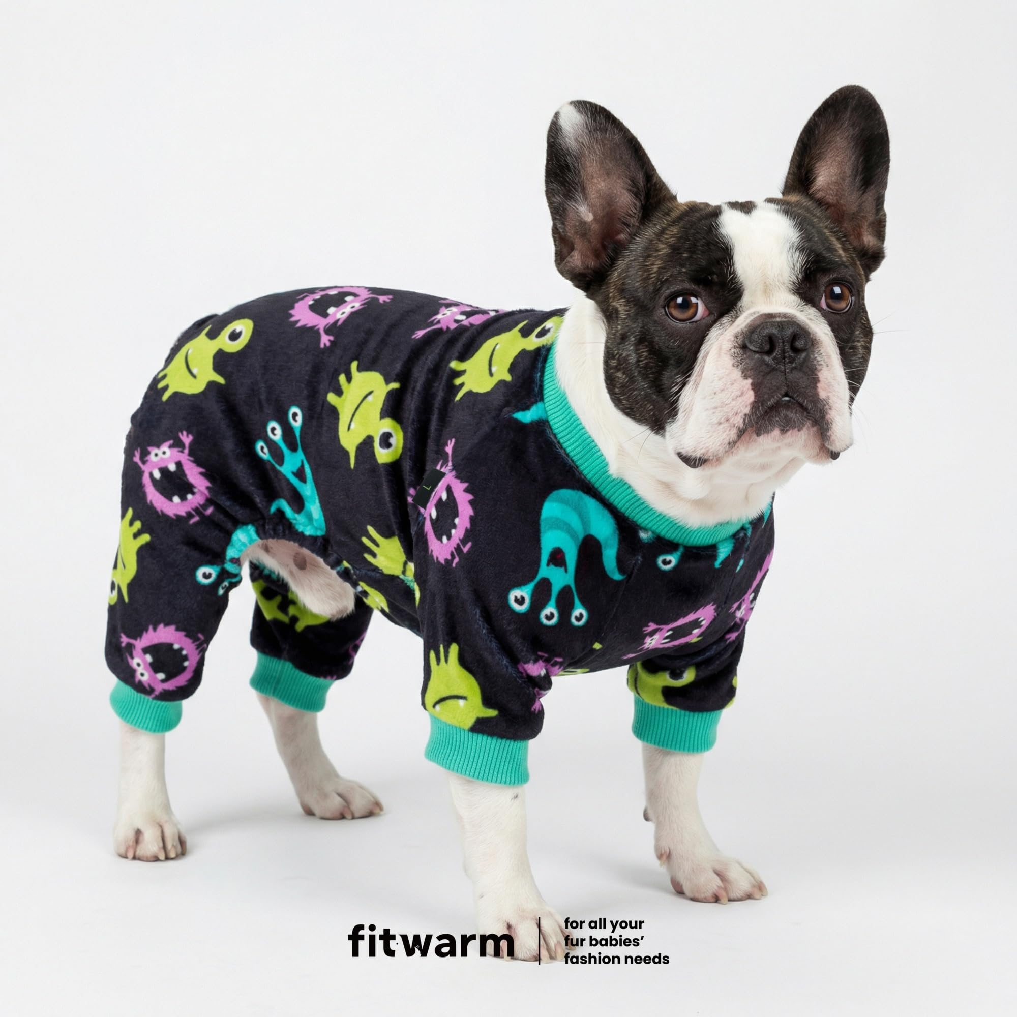 Fitwarm monster dog pajamas shown from the back to display the full-body cut.