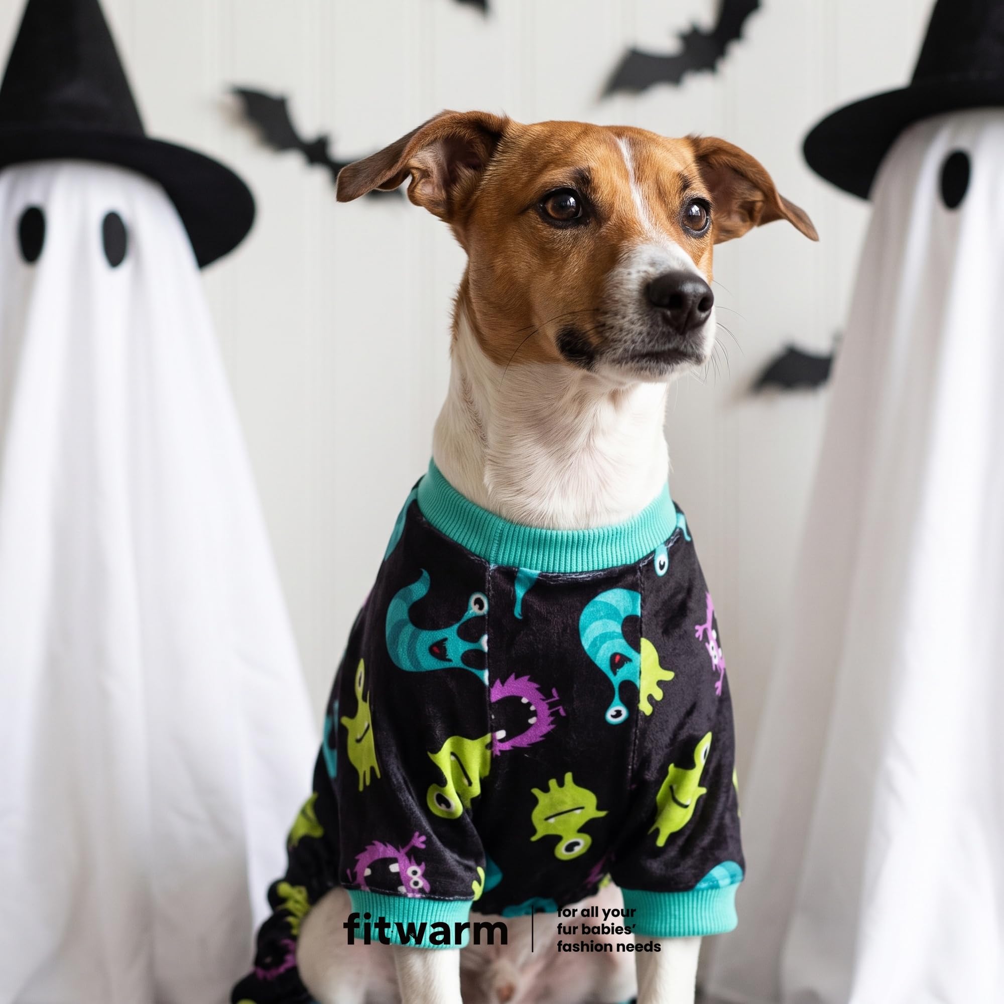Fitwarm monster dog pajamas worn by a small dog.