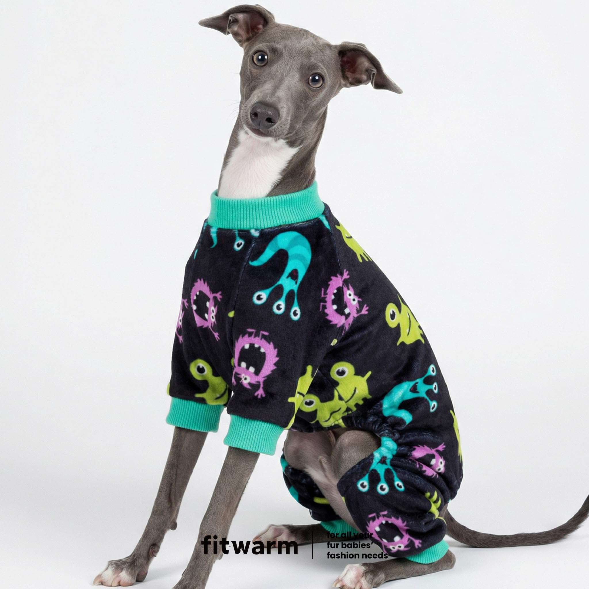 Fitwarm monster dog pajamas with a close view of the green, purple, and teal monster pattern.