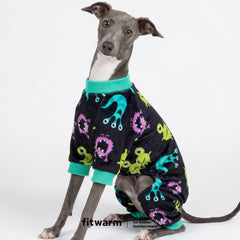 Fitwarm monster dog pajamas with a close view of the green, purple, and teal monster pattern.