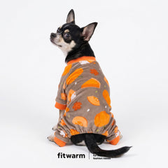 Fitwarm pumpkin dog pajamas shown from the back to display the full-body onesie shape.