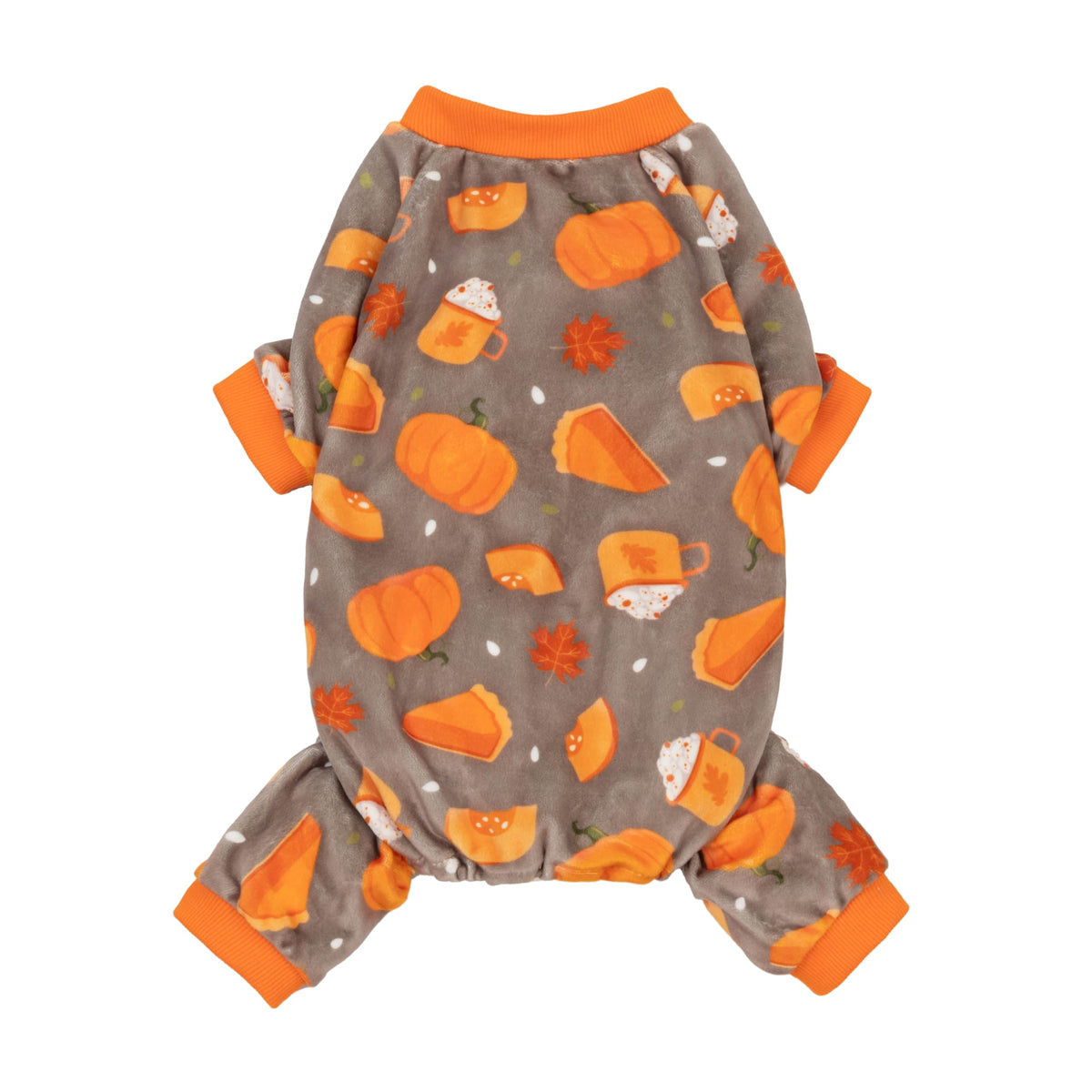 Fitwarm pumpkin dog pajamas shown from the front with a brown Thanksgiving print and orange trim.