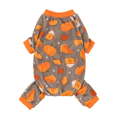 Fitwarm Pumpkin Dog Pajamas shown from the front in brown with orange trim.