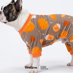 Fitwarm pumpkin dog pajamas feature pumpkins, pie slices, maple leaves and coffee mugs.