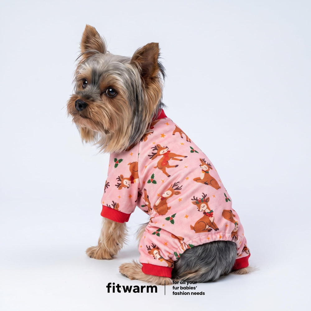 Fitwarm Christmas reindeer dog pajamas shown from the back to display the full-body design.