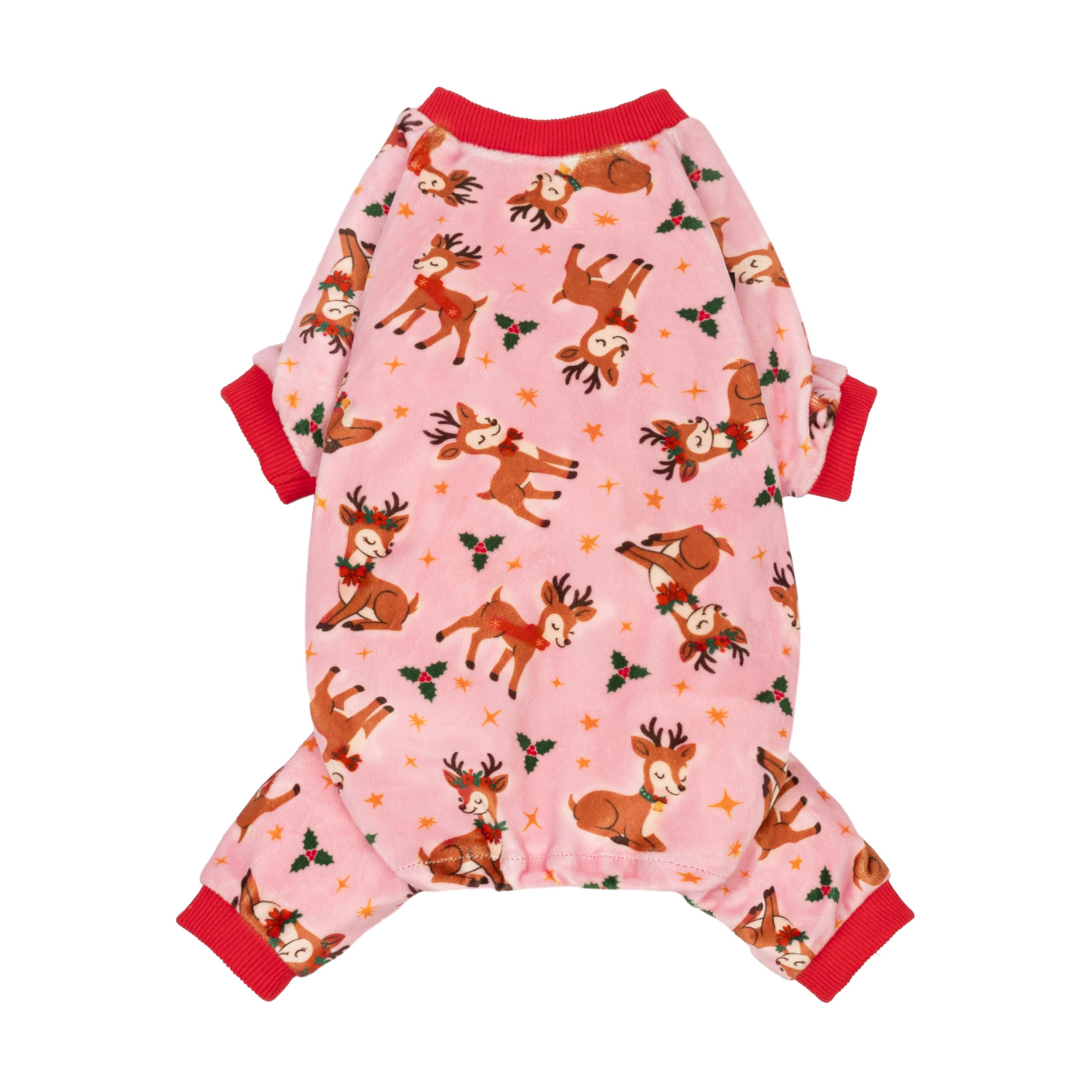 Fitwarm Christmas reindeer dog pajamas shown from the front in pink with festive holiday graphics.