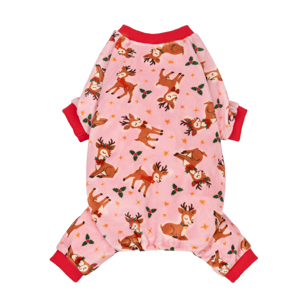 Fitwarm Christmas reindeer dog pajamas shown from the front in pink with festive holiday graphics.