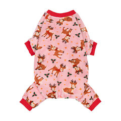 Fitwarm Christmas reindeer dog pajamas shown from the front in pink with festive holiday graphics.