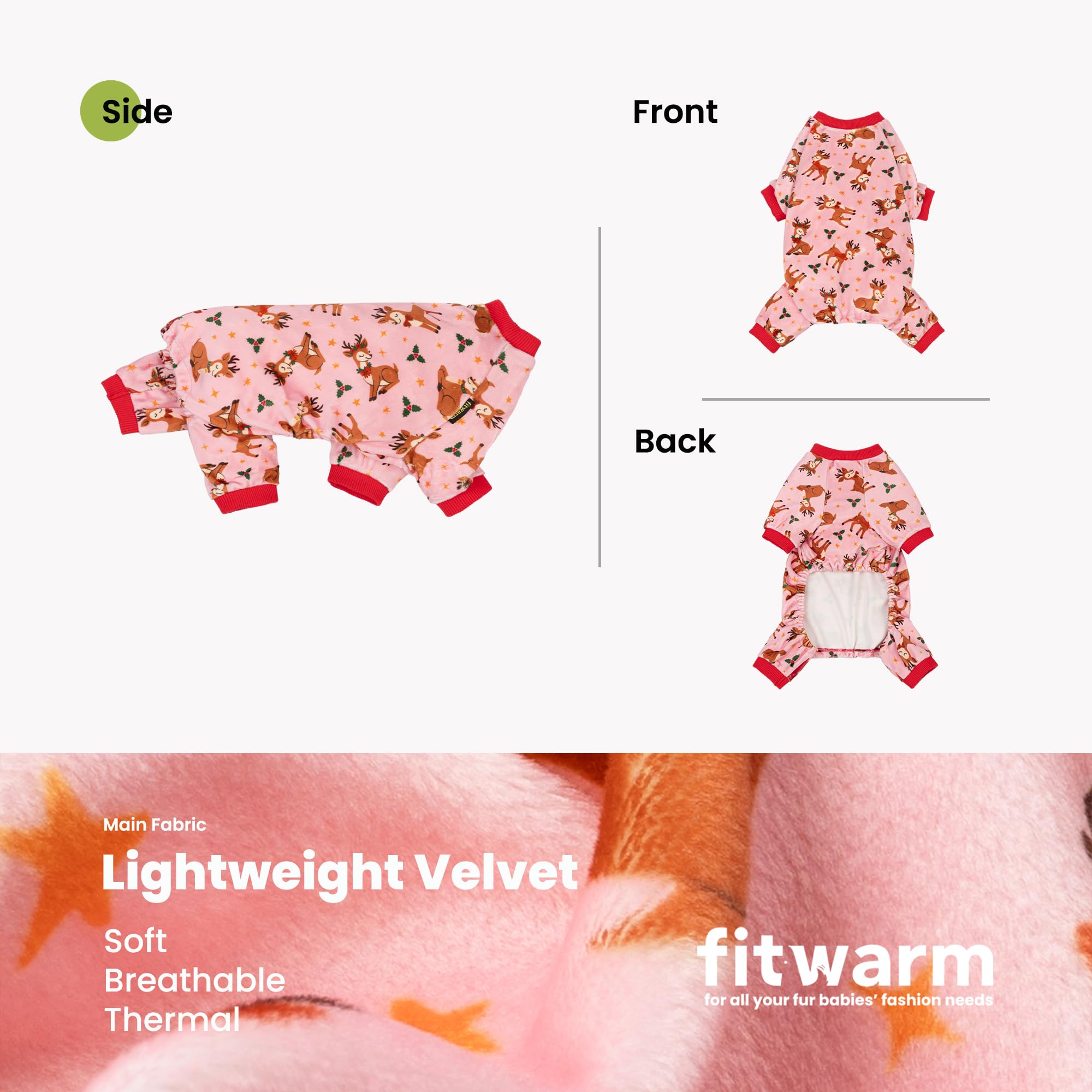 Fitwarm Christmas reindeer dog pajamas showing the outfit's full-body coverage.