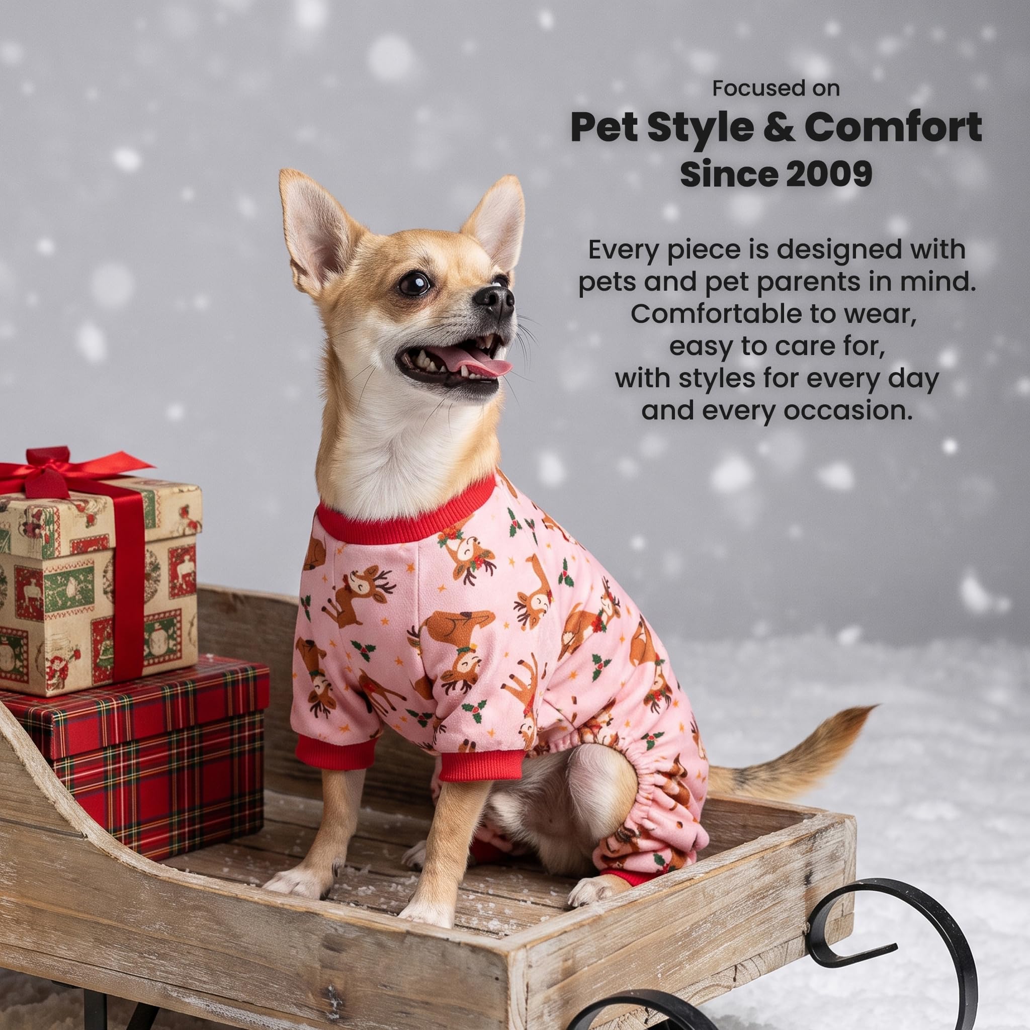 Fitwarm Christmas reindeer dog pajamas close-up showing the bright red ribbed cuffs.