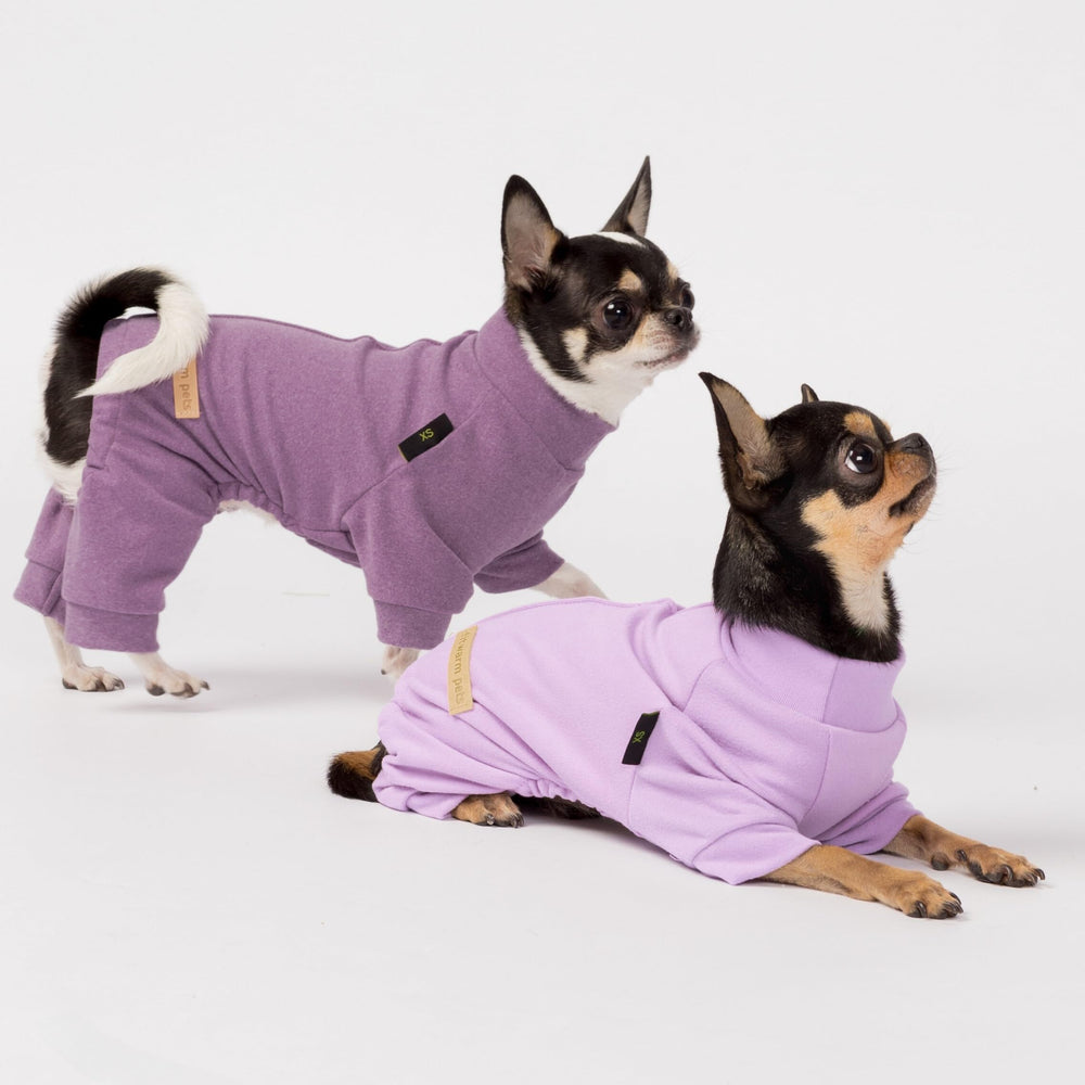 Fitwarm two-pack dog pajamas shown together in Violet Purple.