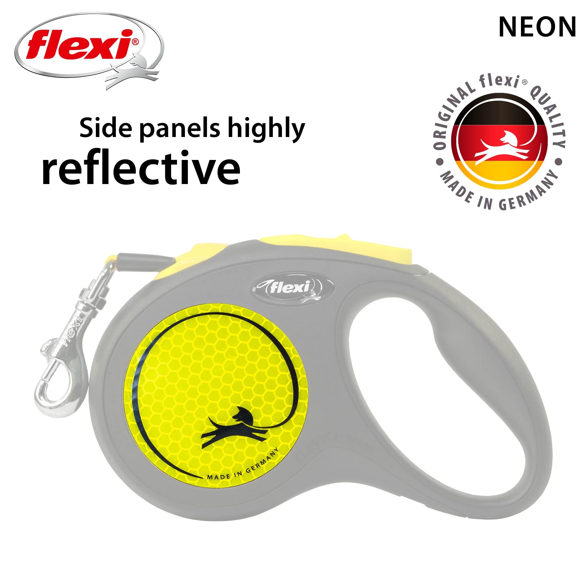 FLEXI Neon Tape Retractable Dog Leash being used on a dog walk.