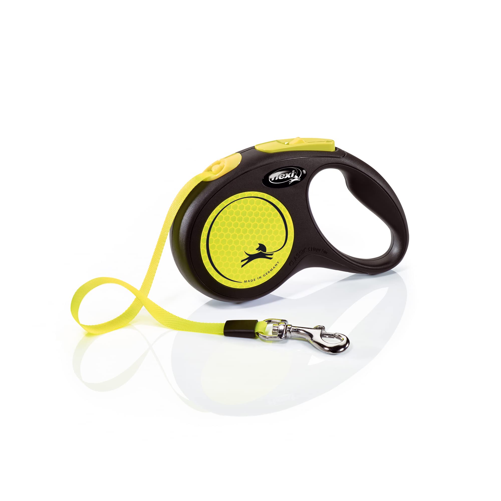 FLEXI Neon Tape Retractable Dog Leash shown from the front in neon yellow and black.