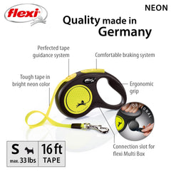 FLEXI Neon Tape Retractable Dog Leash handle and one-hand braking control detail.