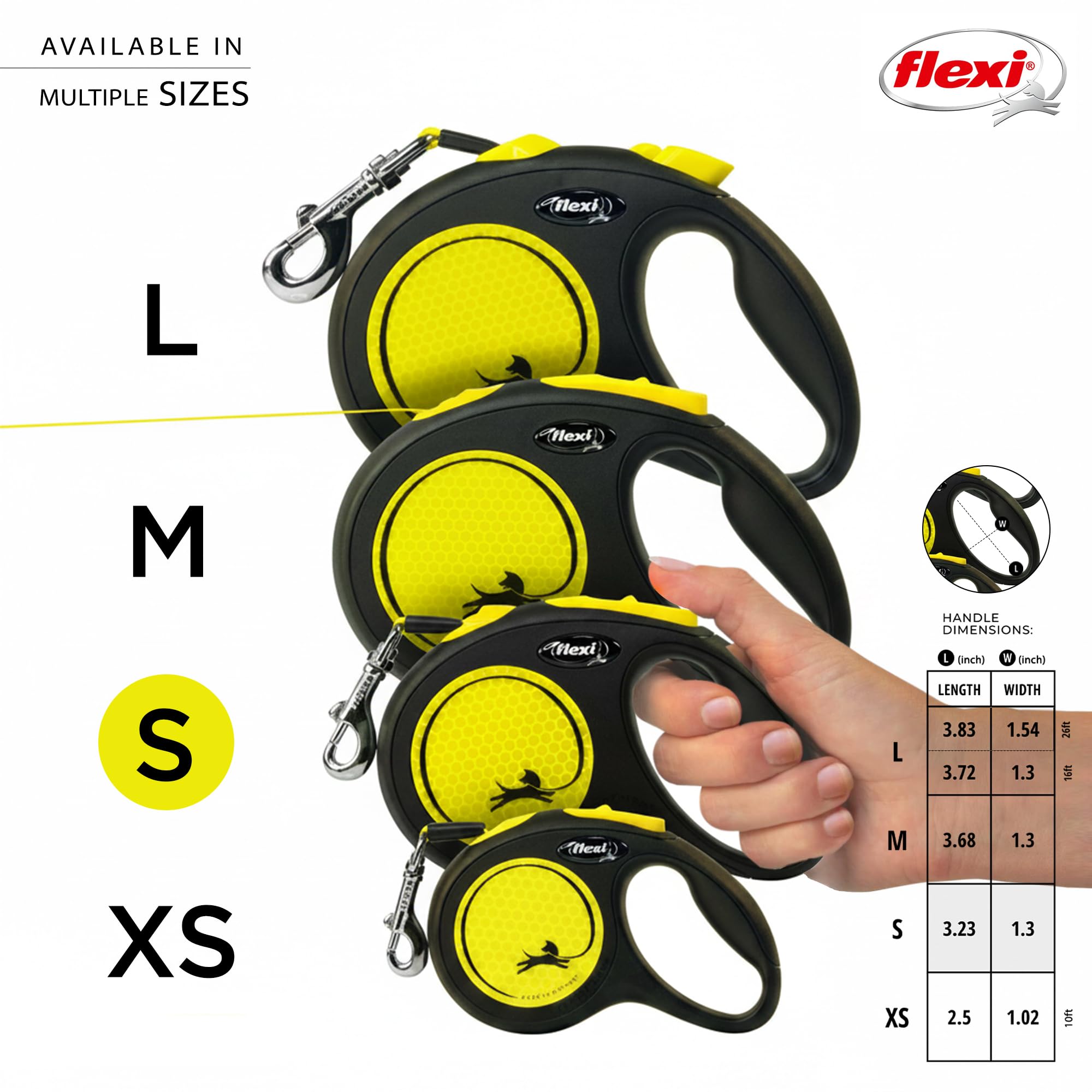FLEXI Neon Tape Retractable Dog Leash reflective stickers and components shown close up.
