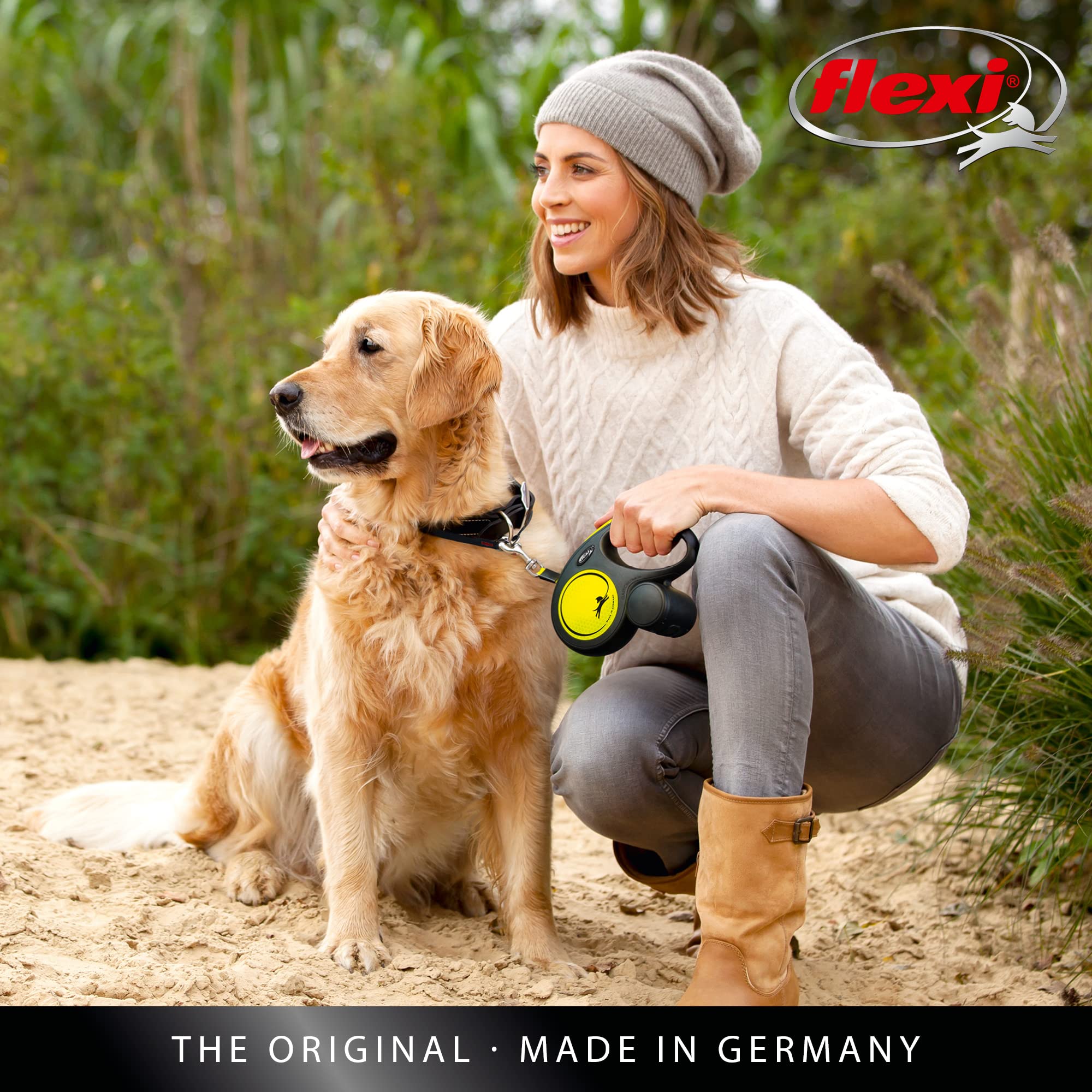 FLEXI Neon Tape Retractable Dog Leash with its tape extended.