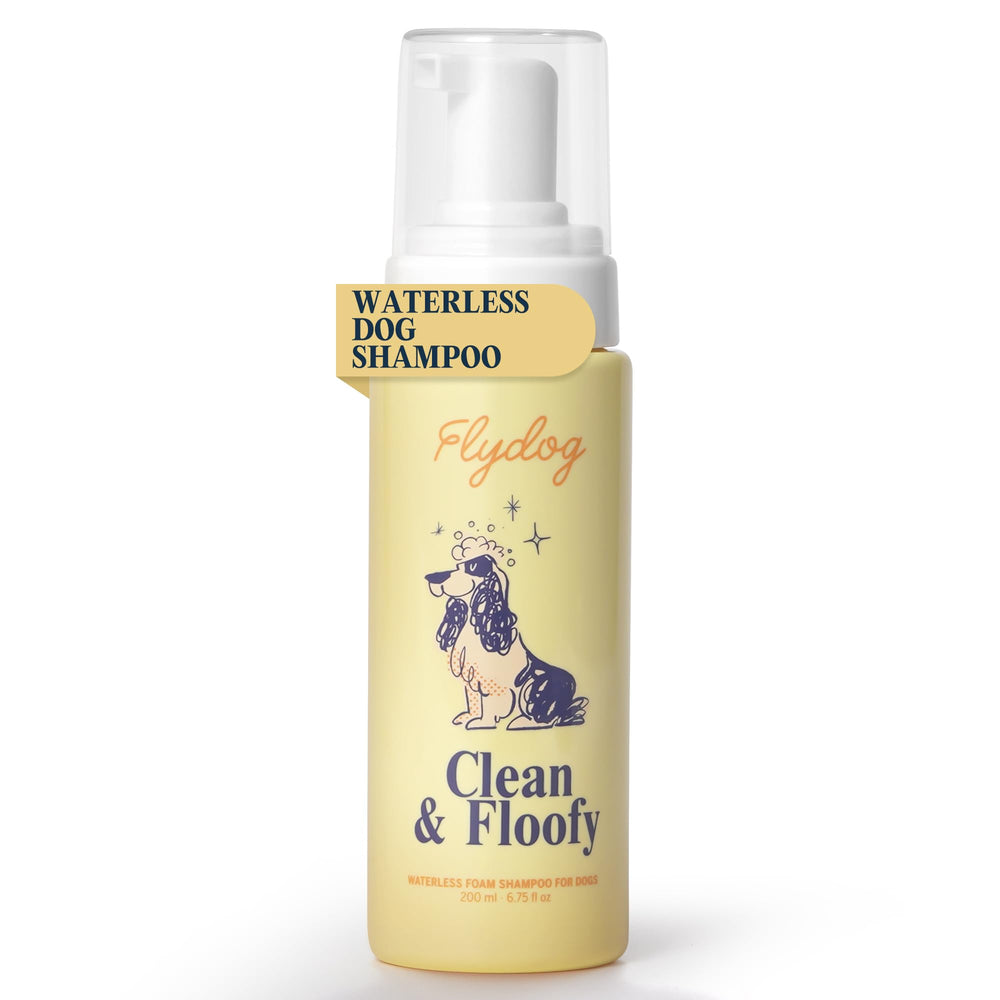 Flydog dry dog shampoo shown from the front with its product packaging.