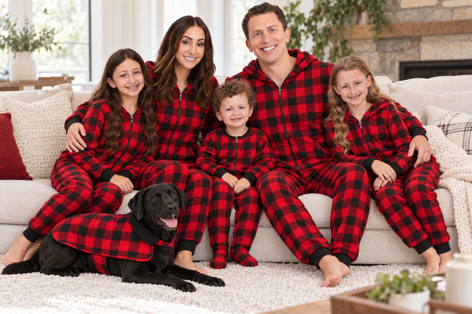 #followme Buffalo Plaid Dog Jacket shown as a one-piece pajama outfit.