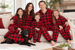 #followme Buffalo Plaid Dog Jacket shown as a one-piece pajama outfit.