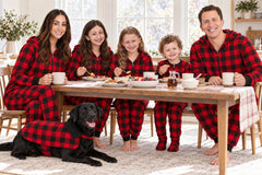 #followme Buffalo Plaid Dog Jacket showing its one-piece pajama style.