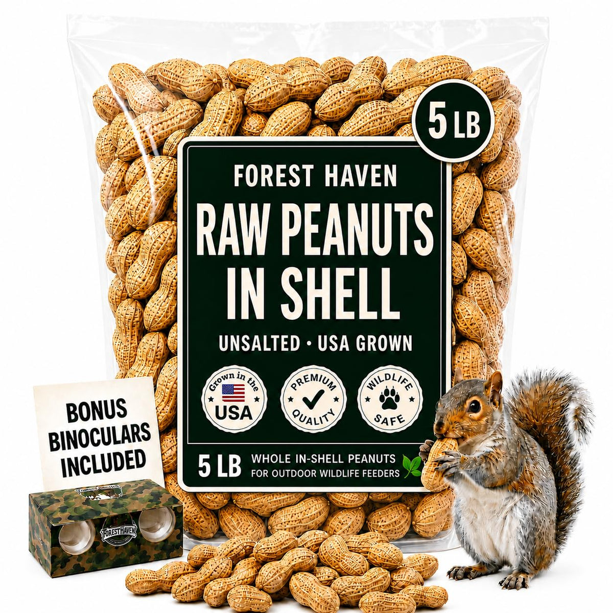 Forest Haven raw peanuts in shell shown in the product bag.