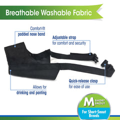 Four Paws dog muzzle with a close view of its washable nylon material.