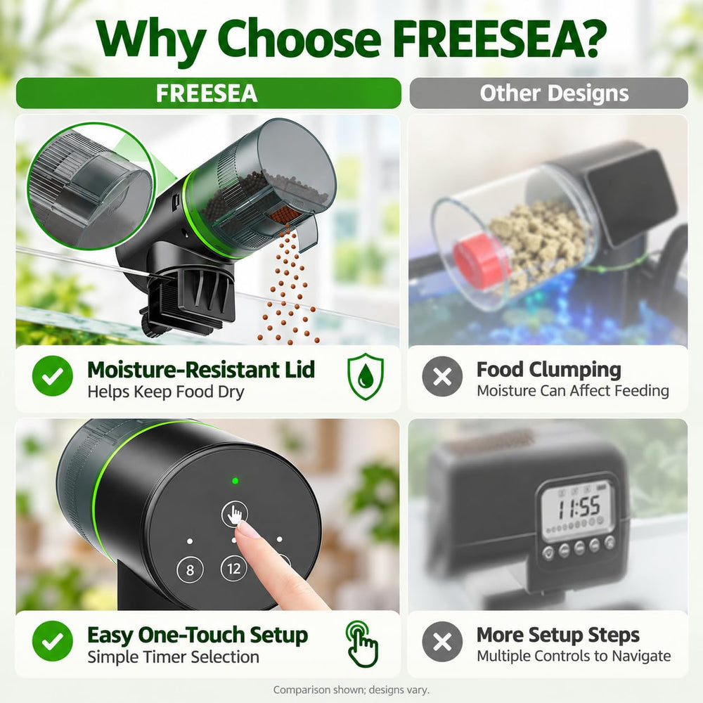 FREESEA automatic fish feeder food dispenser shown open.