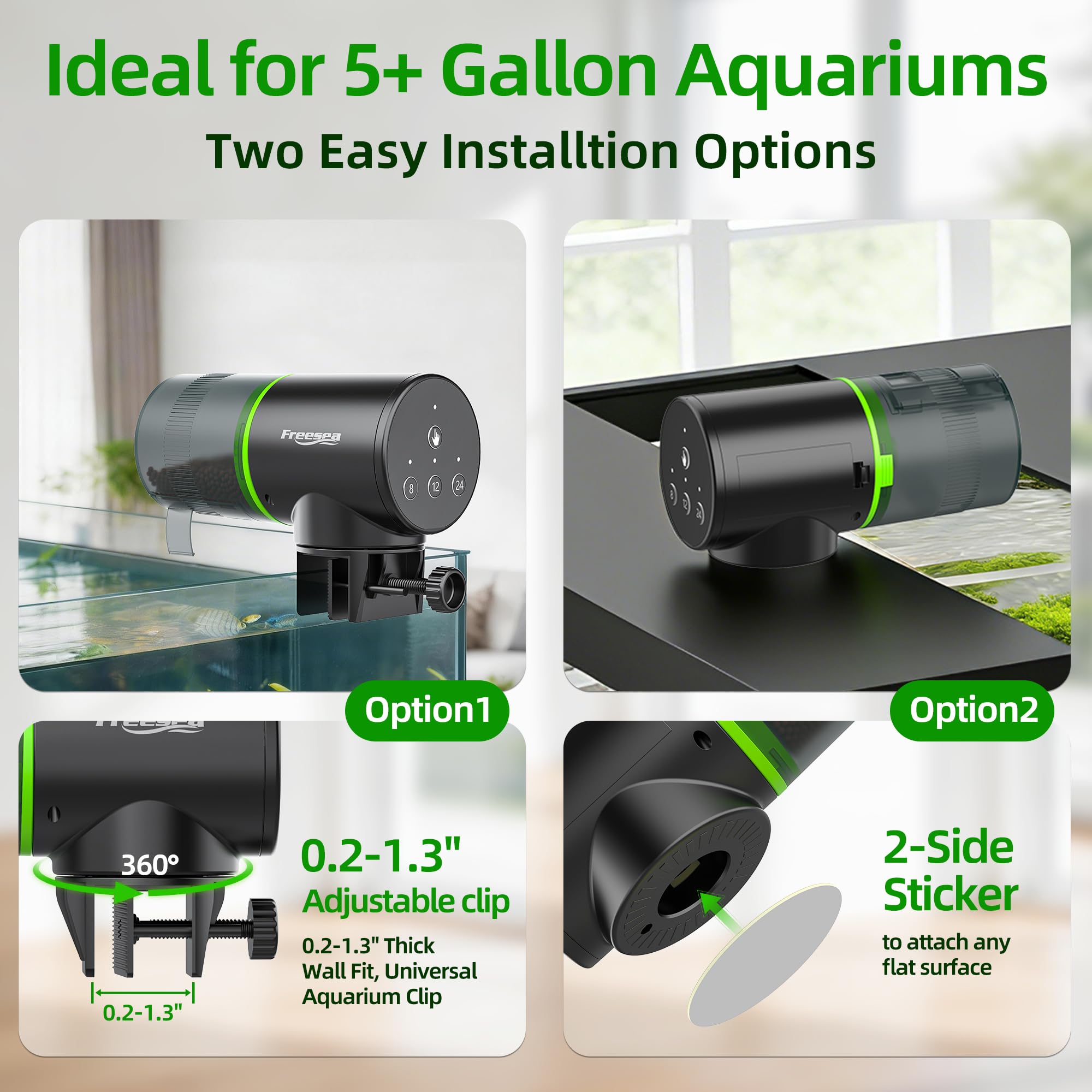 FREESEA automatic fish feeder shown with powder food.