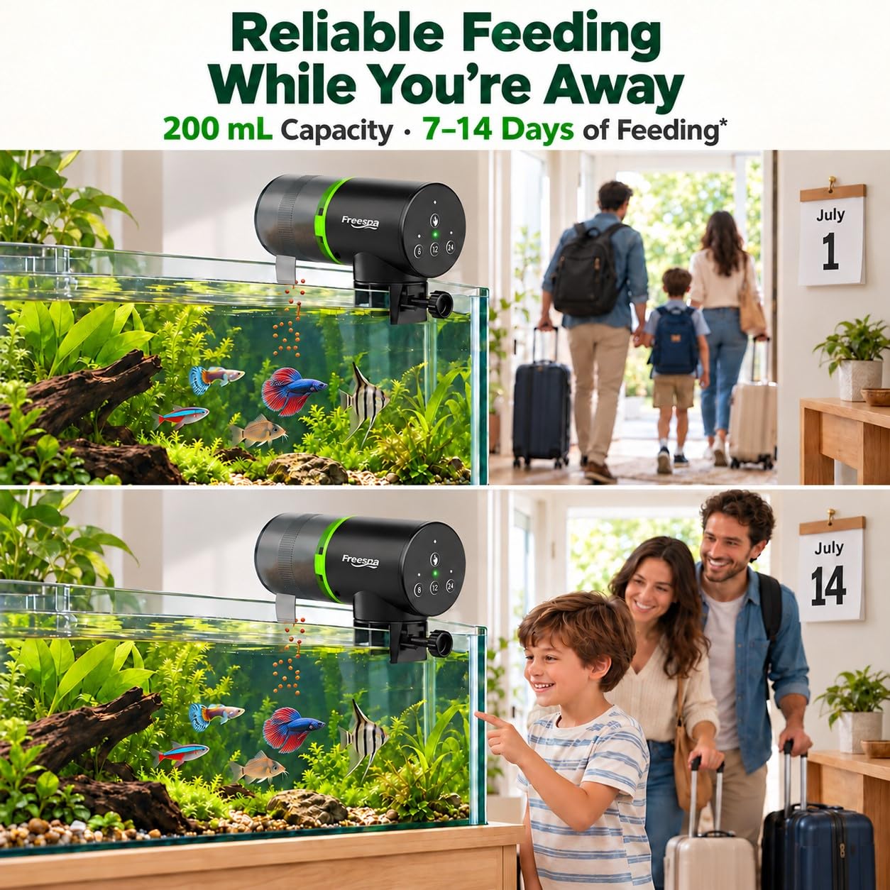 FREESEA automatic fish feeder timer controls shown close up.