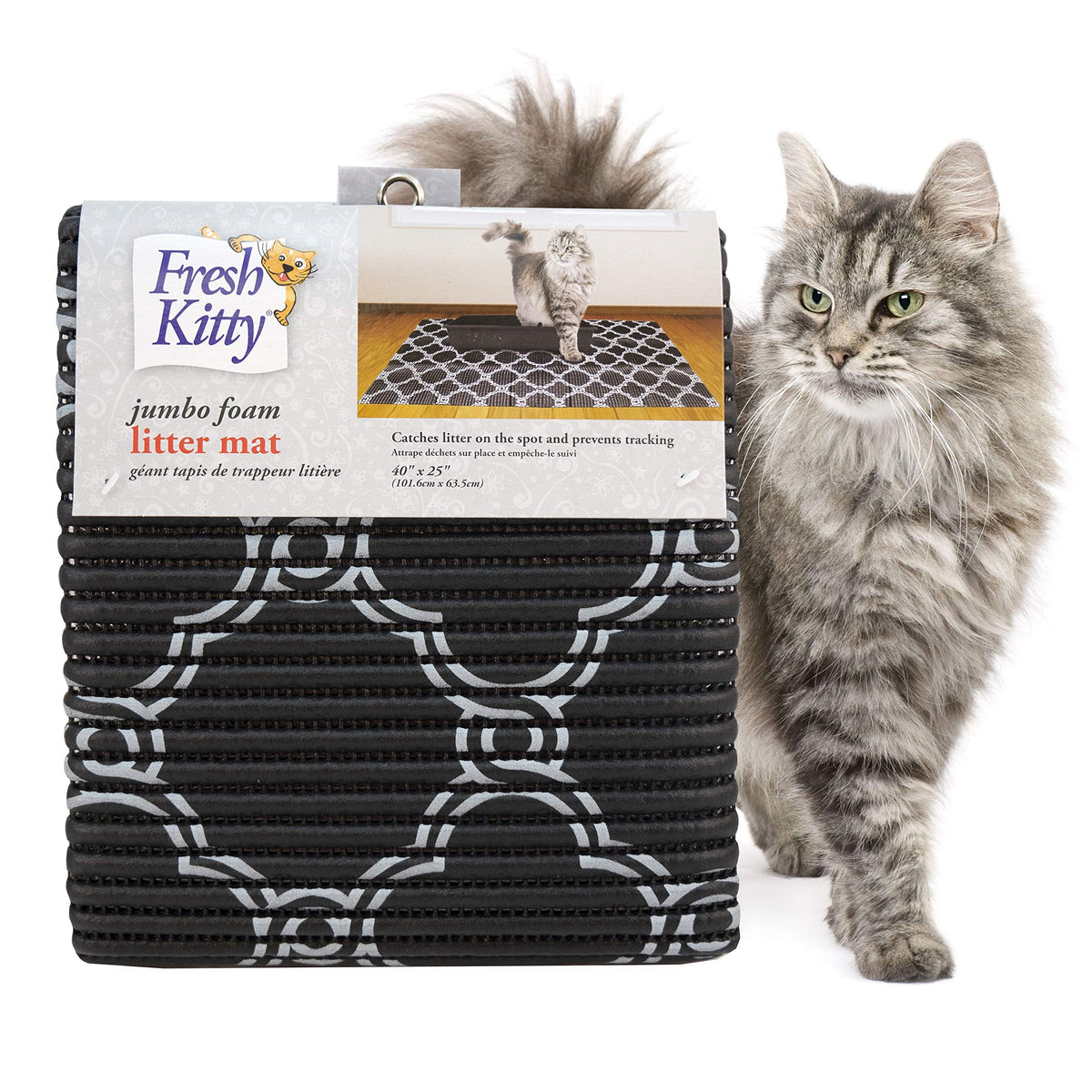 Fresh Kitty foam litter mat shown from the front in its black and white quatrefoil pattern.