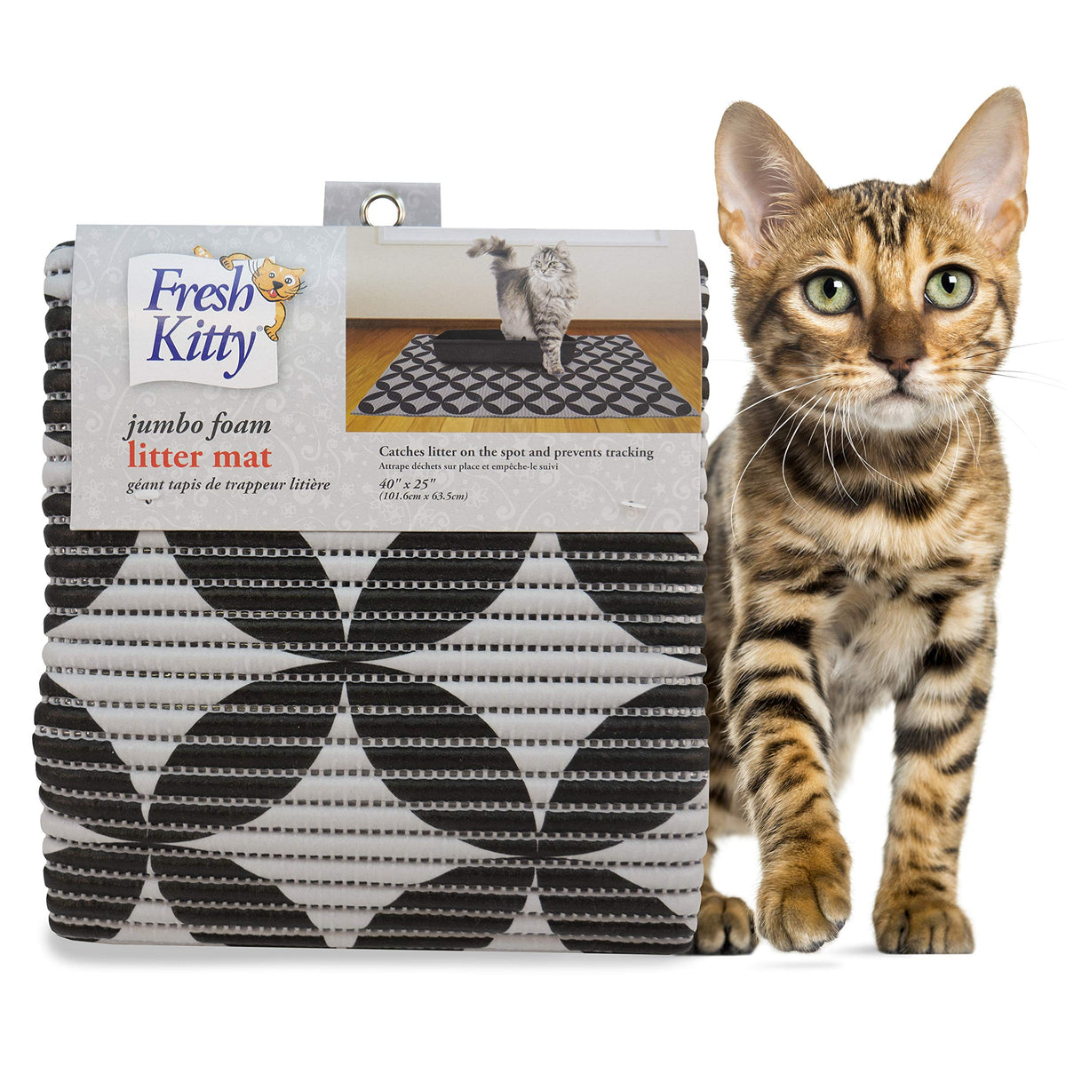Fresh Kitty Jumbo Foam Litter Mat shown from the front in its gray and black circle pattern.