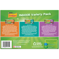 Friskies Indoor Wet Cat Food packaging showing its garden greens accent.