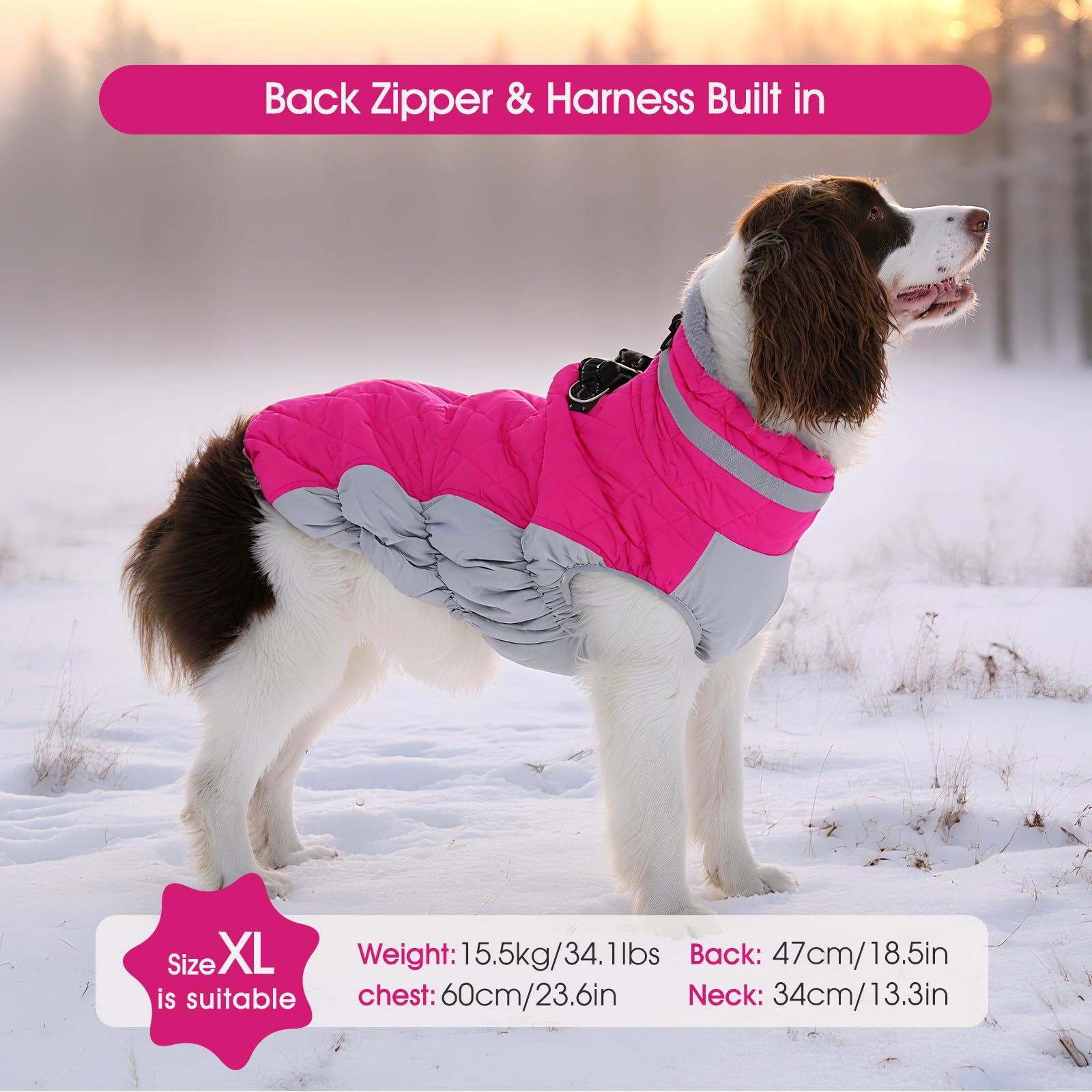 FUAMEY dog coat close-up of the plush collar and adjustable elastic straps.