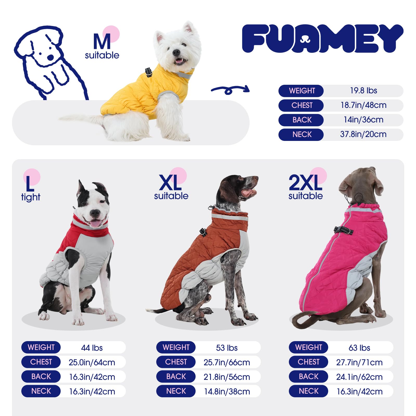 FUAMEY dog coat adjustable neck straps shown at the collar.