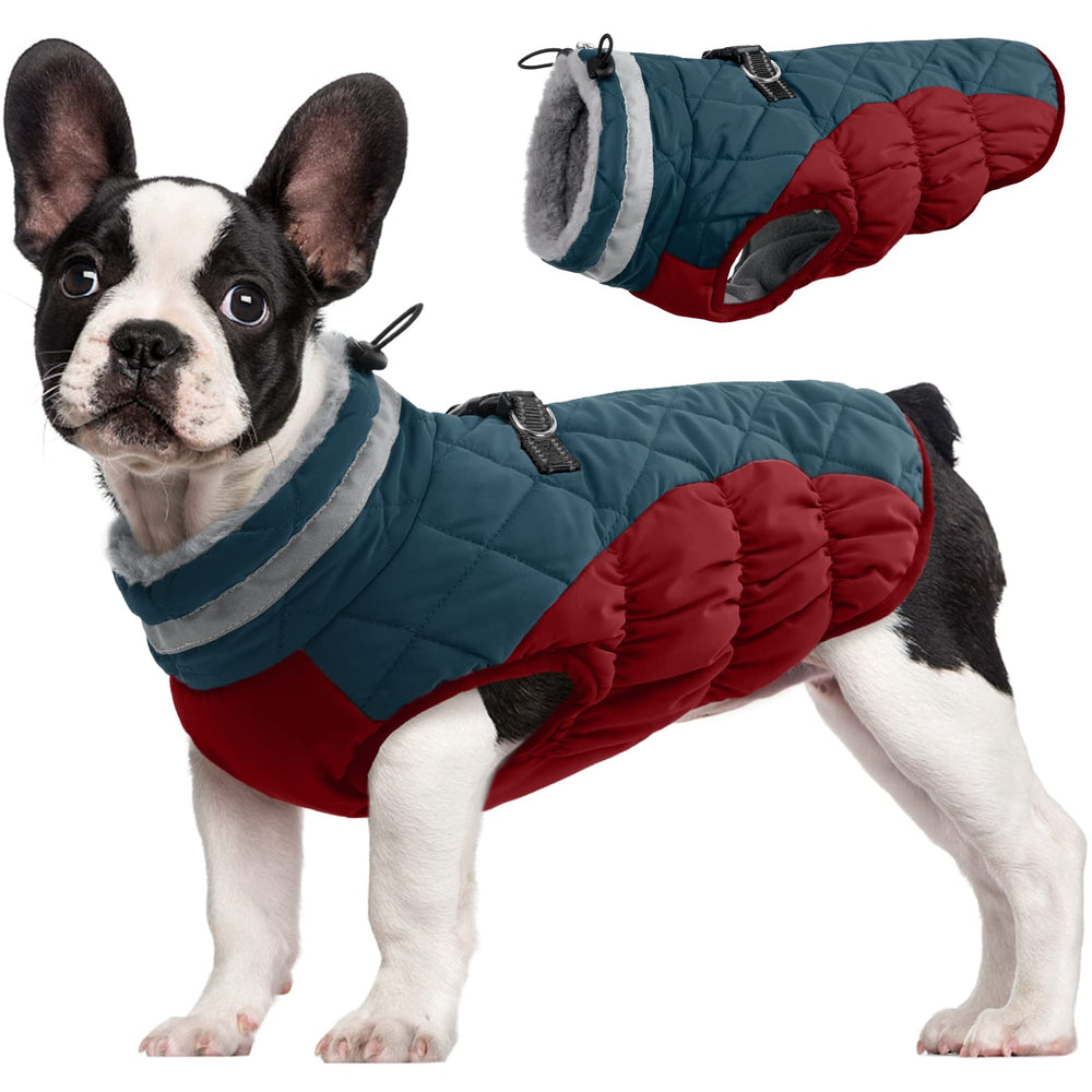 FUAMEY dog coat shown from the front to display its overall winter jacket design.
