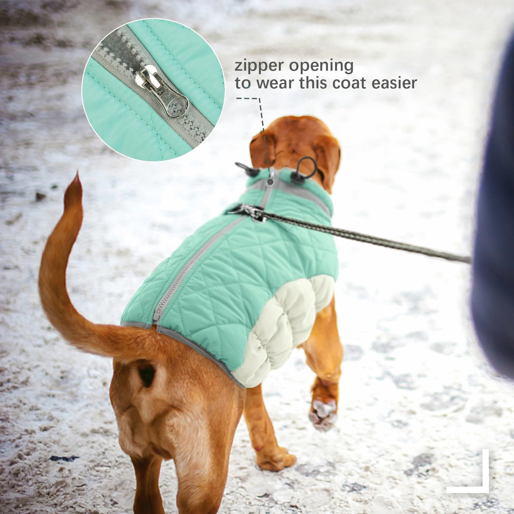 FUAMEY dog coat detail showing two D-rings for leash attachment.