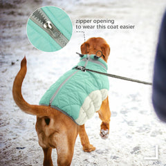FUAMEY dog coat detail showing two D-rings for leash attachment.