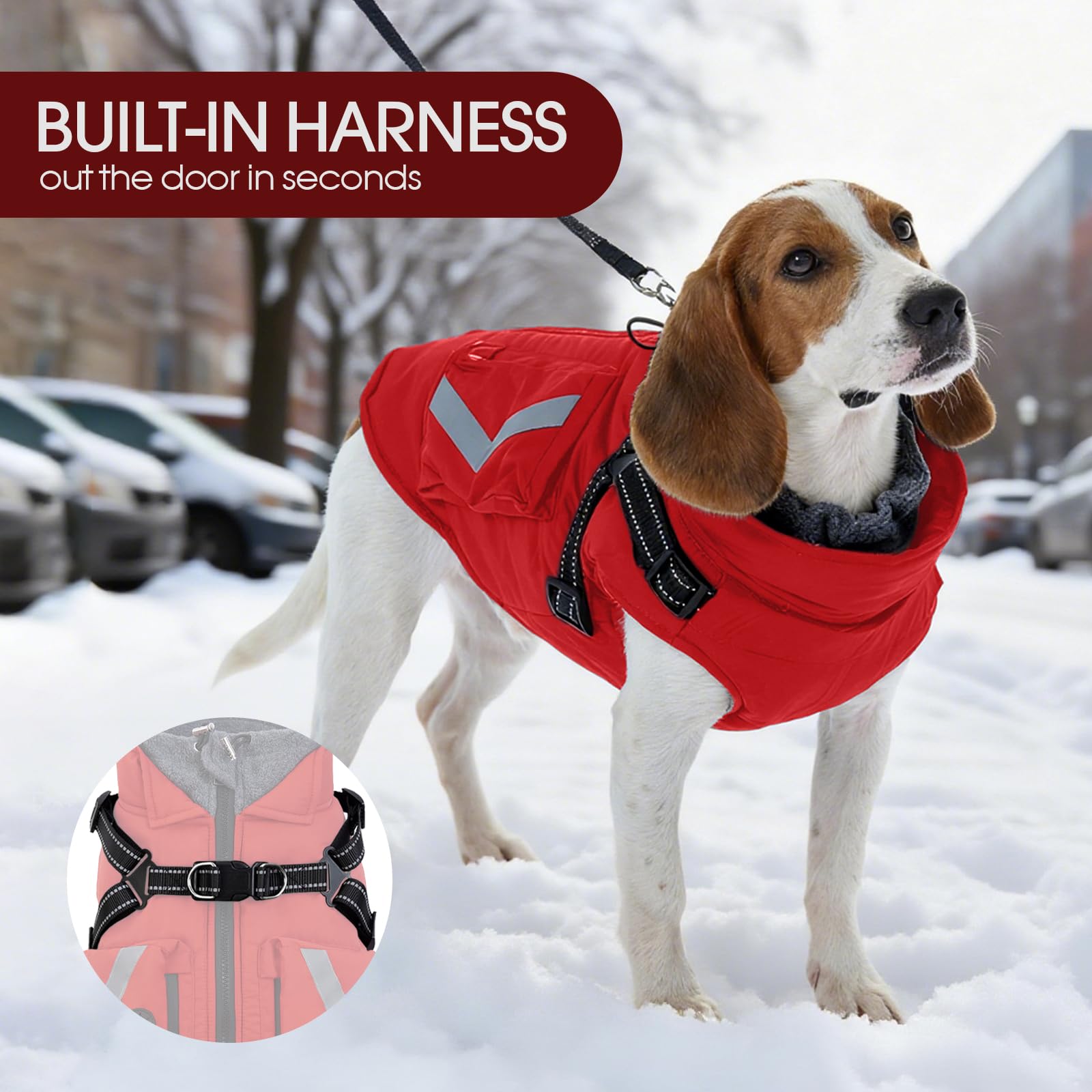 FUAMEY dog coat reflective strips shown in detail.