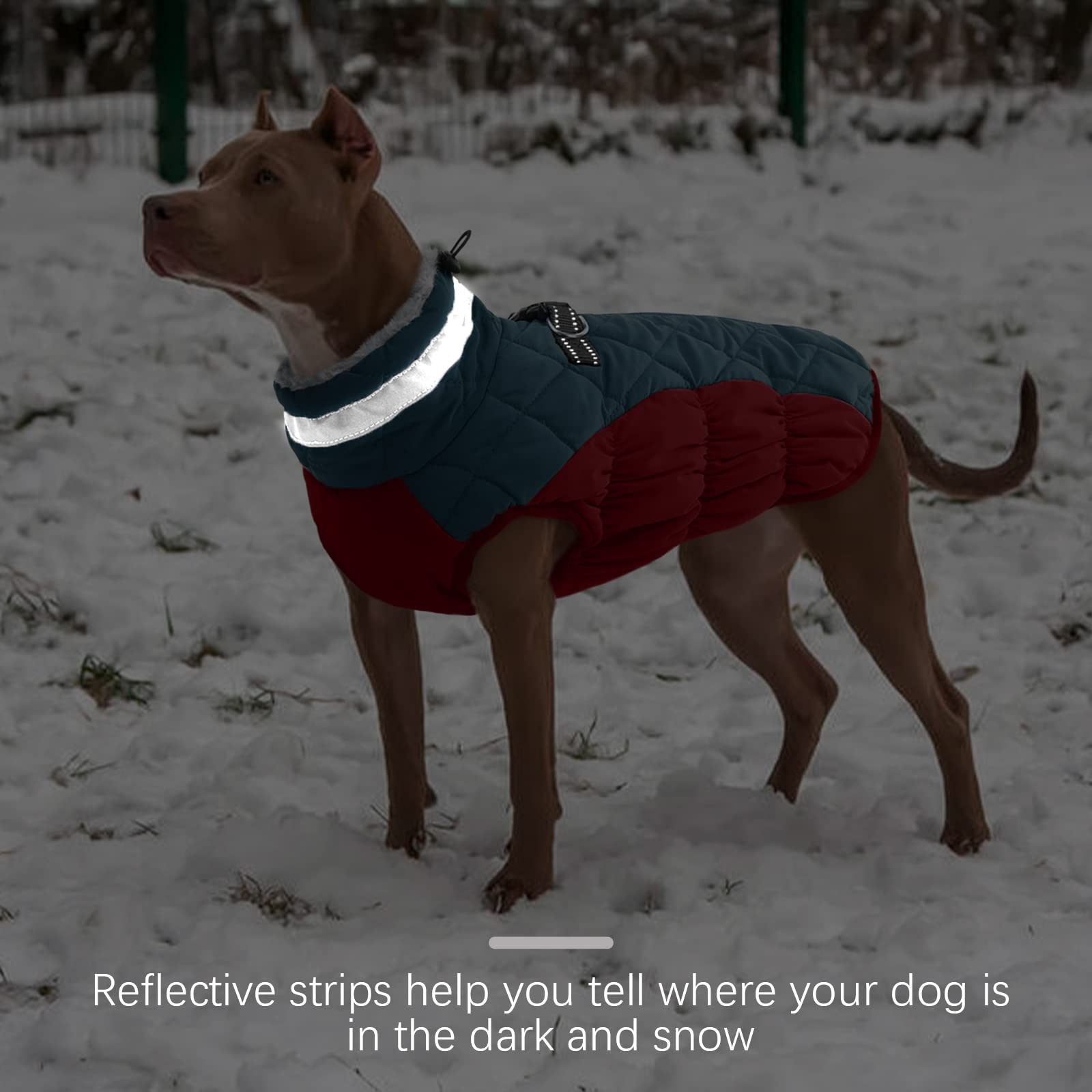 FUAMEY dog coat detail showing reflective strips for low-light visibility.