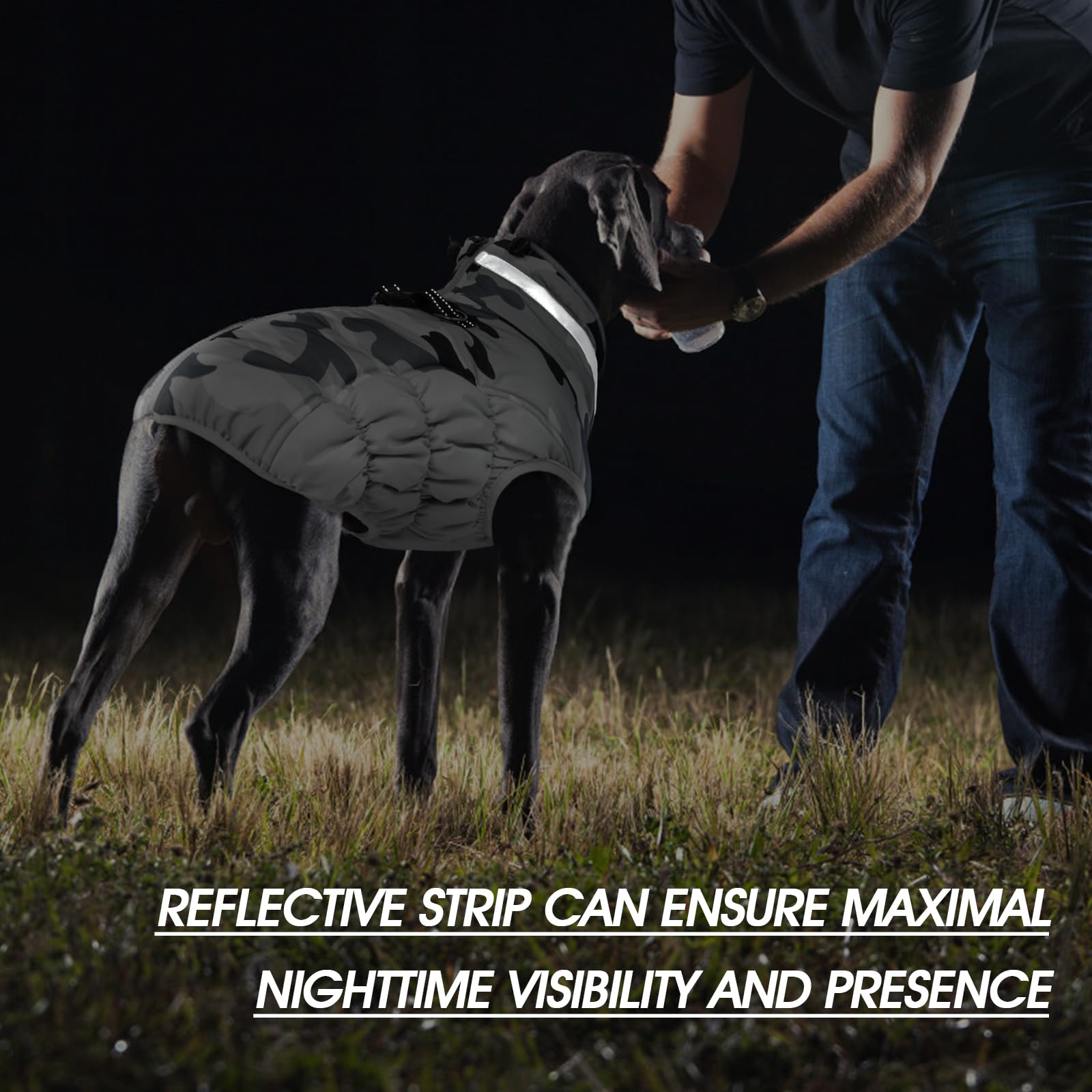 FUAMEY dog coat detail showing reflective strips for low-light visibility.