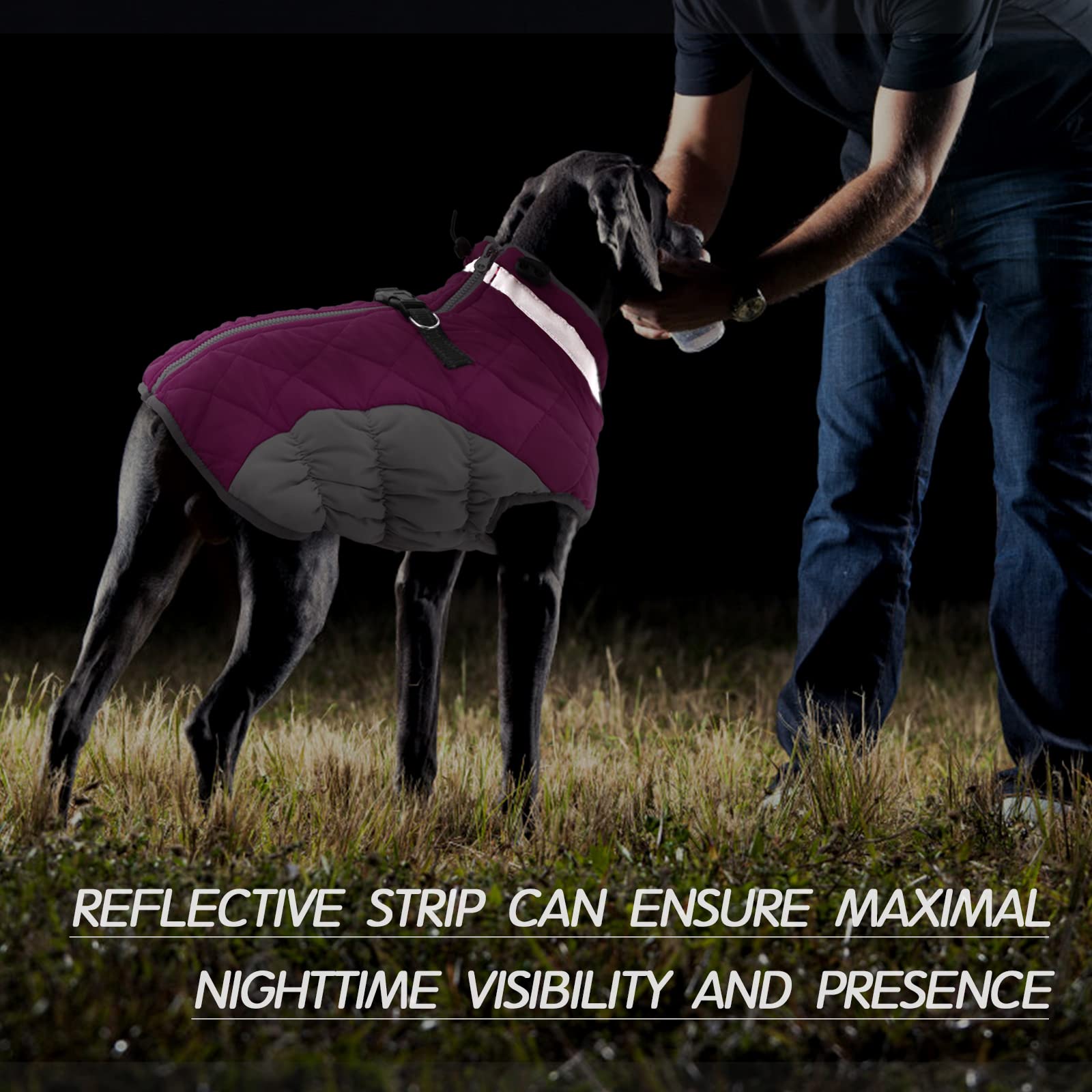 FUAMEY dog coat detail showing reflective strips for low-light visibility.