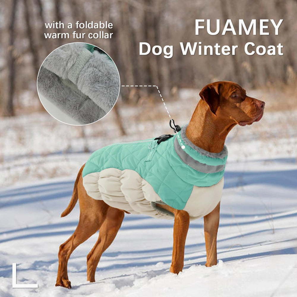 FUAMEY dog coat reflective strips shown as a low-light visibility detail.