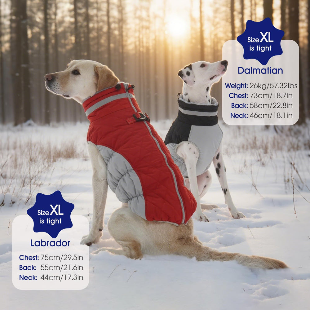 FUAMEY dog coat detail showing the plush turtleneck collar and elastic adjustment.