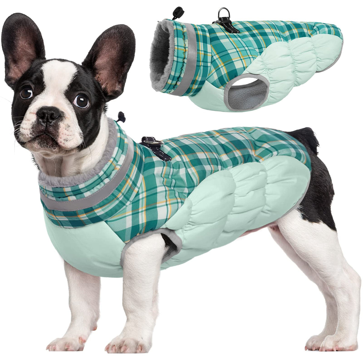 FUAMEY dog jacket shown from the front with its fleece-lined winter coat design.